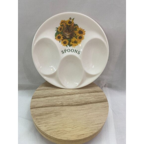 Ceramic 3 Slot  Spoon Rest with Sun Flowers & a Cat - Picture 1 of 4